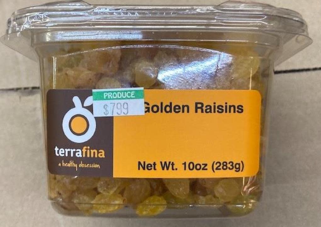 A carton of Terrafina golden raisins, sold by New Jersey-based Sunco & Frenchie LLC. The Food and Drug Administration has recalled the golden raisins due to a possible sulfite contamination.