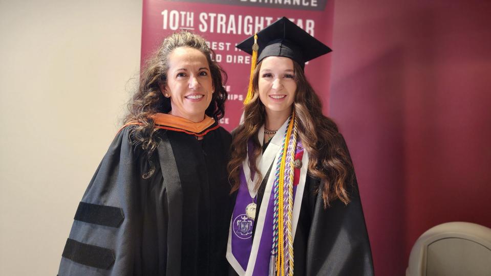 Graduate Claire Jeffries, right, and her mom Holly Jeffries, a dean at the College of Nursing and Health Sciences, await the WT commencement ceremony Saturday morning at the First United Bank Center in Canyon.