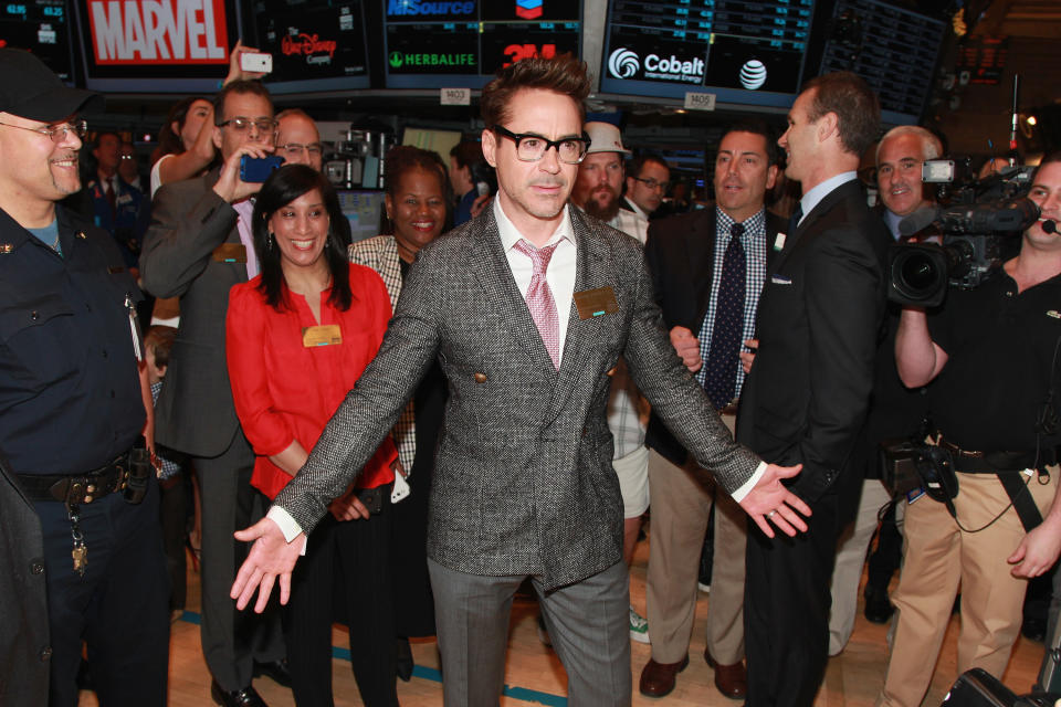 NEW YORK, NY - APRIL 30:  Actor Robert Downey Jr rings the opening bell at New York Stock Exchange on April 30, 2013 in New York City.  (Photo by Taylor Hill/Getty Images)