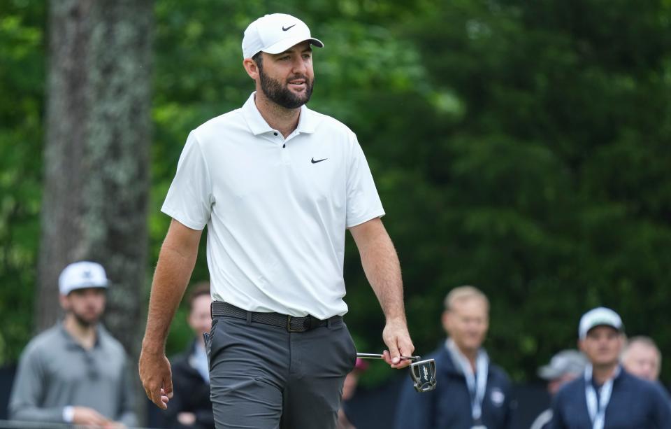 No. 1-ranked Scottie Scheffler practices at the 2024 PGA Championship Wednesday at Valhalla Golf Course in Louisville, Kentucky. May 15, 2024.