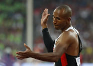 Damian Warner of Canada gestures during the javelin throw event of the men's decathlon at the 15th IAAF World Championships at the National Stadium in Beijing, China, August 29, 2015. REUTERS/Kim Kyung-Hoon