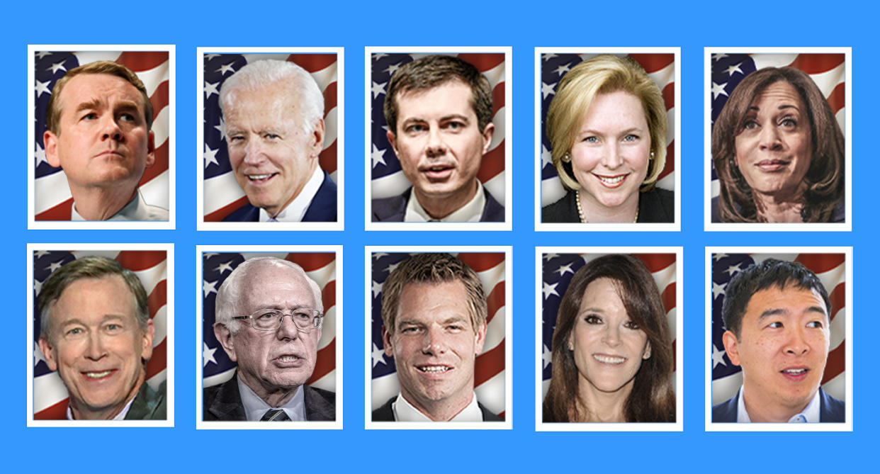 Top row, from left: Michael Bennet, Joe Biden, Pete Buttigieg, Kirsten Gillibrand, Kamala Harris. Bottom row, from left: John Hickenlooper, Bernie Sanders, Eric Swalwell, Marianne Williamson and Andrew Yang. (Yahoo News photo Illustration; photos: AP, Getty Images)