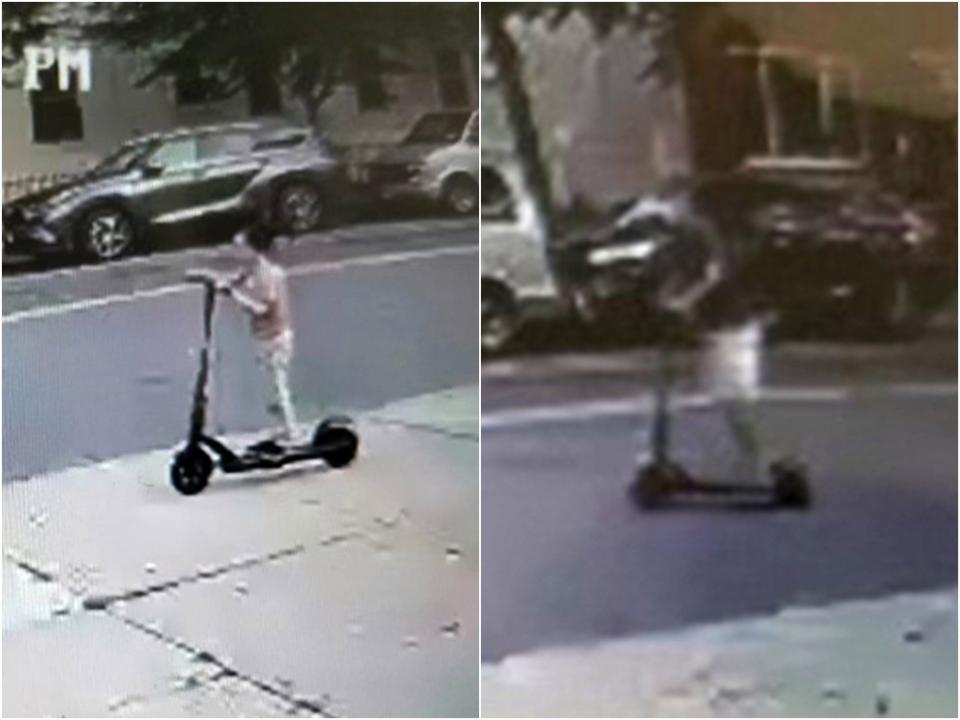 A man shoved a boy, 6, off his e-scooter and rode off in New York City. (Surveillance footage / family handout)