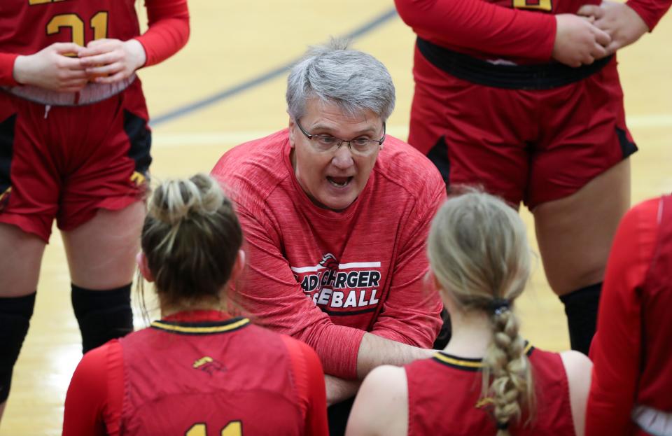 Bullitt East head coach Chris Stallings instructs his team against Mercy during the Girls 24th District Final at the Fern Creek High School in Louisville, Ky. on Feb. 23, 2022.  Bullitt East won 60-55.