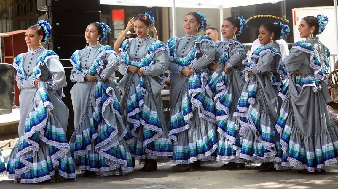 Ballet Folklórico de Clovis East line up to perform during the Sept. 17, 2022 Fiestas Patrias celebration in downtown Fresno.