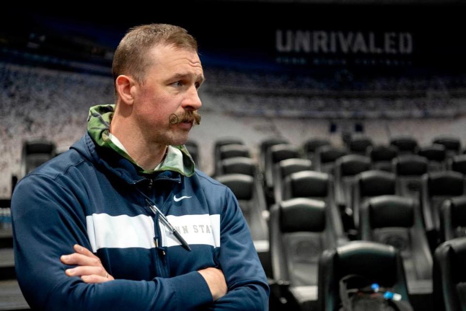 Penn State football strength coach Chuck Losey III talks to the media on Thursday, June 8, 2023 in the Lasch Building.