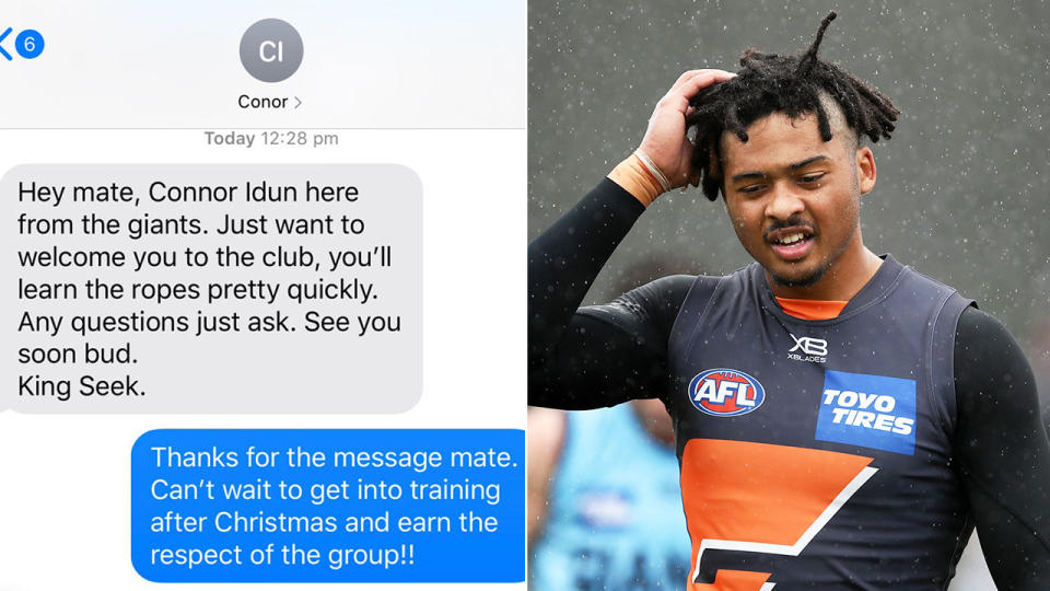 Seen here, the text Connor Idun sent veteran Sam Reid to welcome him to GWS.