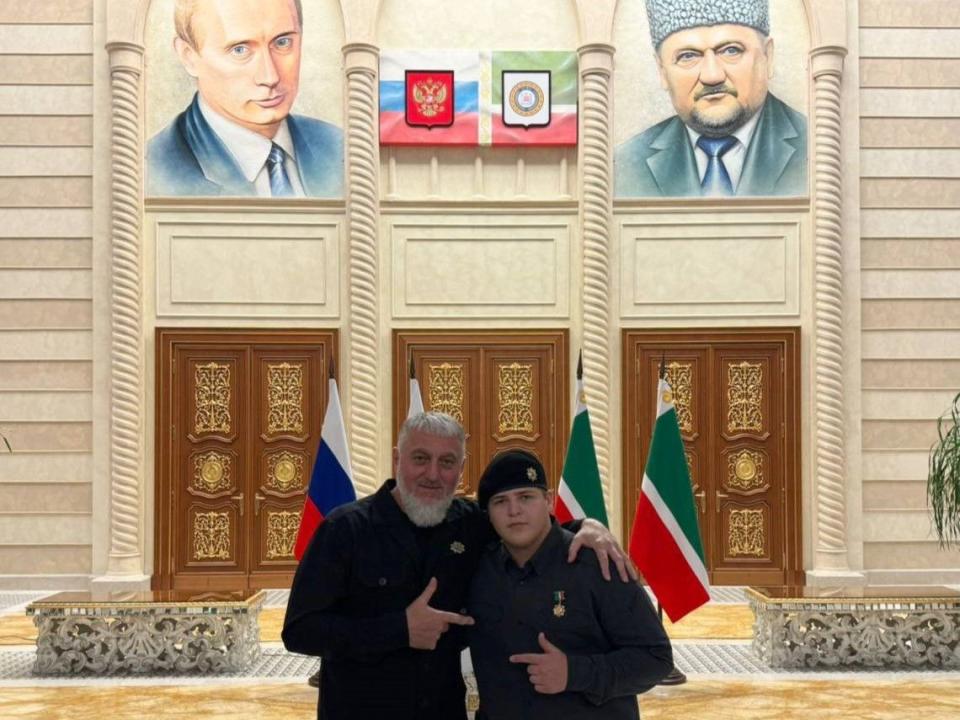 The son of Chechen strongman Ramzan Kadyrov, Adam Kadyrov (R), with Kadyrov's right-hand man Adam Delimkhanov, on Oct. 6, 2023. (Adam Delimkhanov/Telegram)