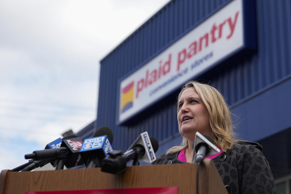 Oregon Lottery External Communications Program Manager Melanie Mesaros speaks during a news conference outside a Plaid Pantry convenience store on Tuesday, April 9, 2024, in Portland, Ore. (AP Photo/Jenny Kane)