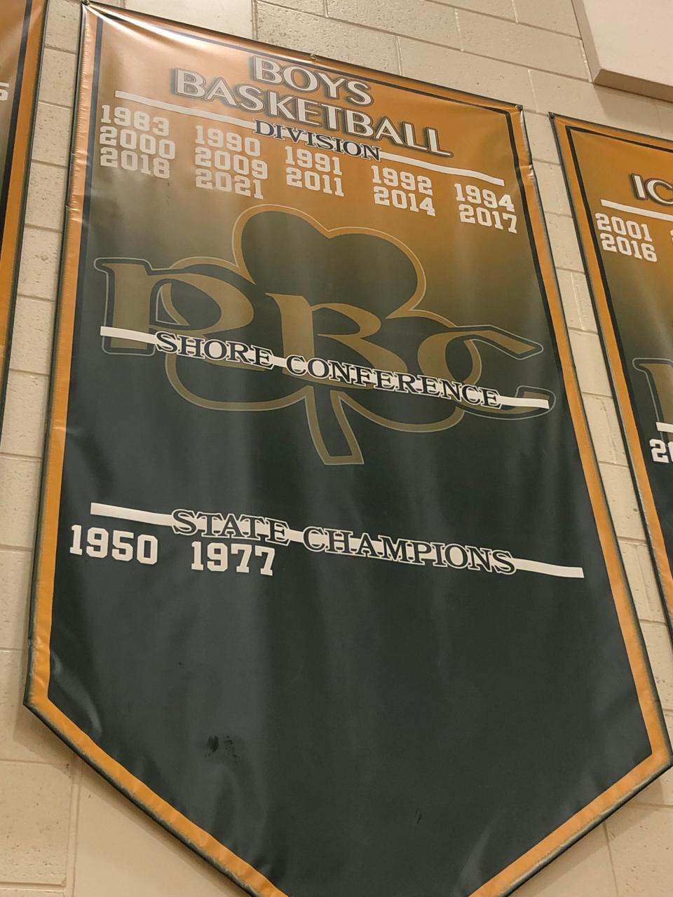 Red Bank Catholic boys basketball championship history banner hanging into the gym at Red Bank Catholic.