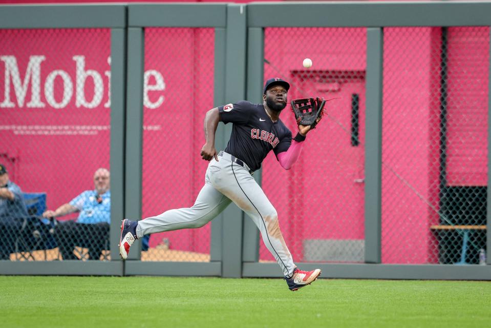 Guardians right fielder Jhonkensy Noel catches a fly out in the fifth inning against the Royals, June 28, 2024, in Kansas City, Missouri.