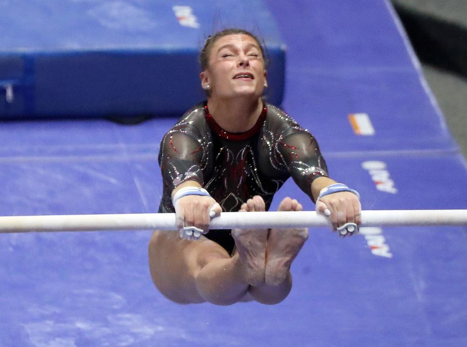 Utah’s Grace McCallum competes on the uneven bars as the Utah Red Rocks compete against Oregon State in a gymnastics meet at the Huntsman Center in Salt Lake City on Friday, Feb. 2, 2024. Utah won. | Kristin Murphy, Deseret News