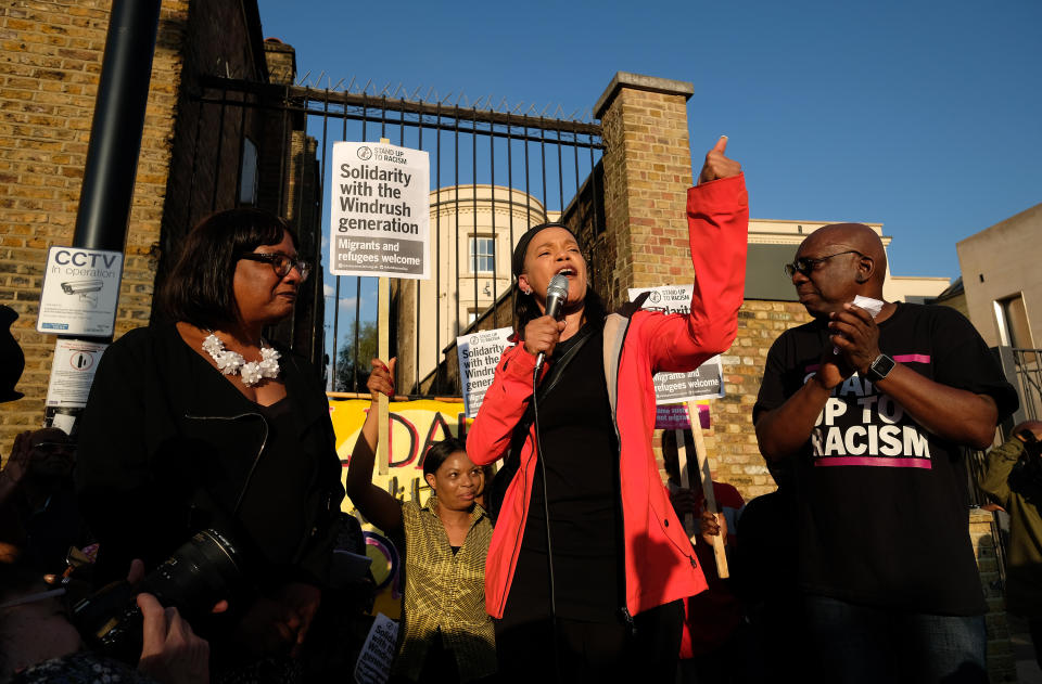 (left to right) Shadow Home Secretary, Diane Abbott, and Labour councillor Claudia Webbe address protesters during a solidarity rally in Windrush Square, Brixton, south London, to show support for the so-called Windrush generation after it emerged that the Home Office destroyed thousands of landing cards documenting the arrival of windrush-era migrants. Picture dated: Friday April 20, 2018. Photo credit should read: Isabel Infantes / EMPICS Entertainment.