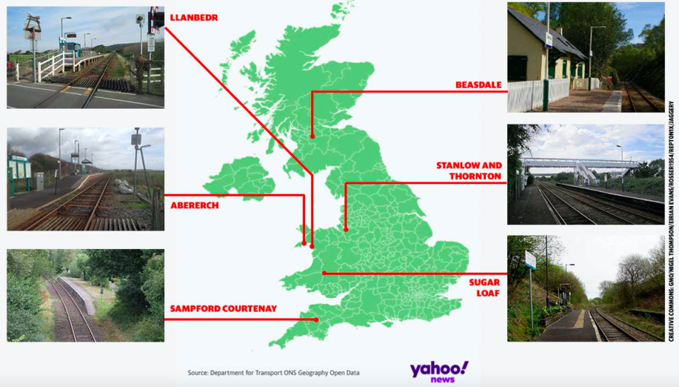 The locations of the six train stations that had no passengers last year. (Yahoo News)