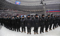 <p>Police guard during a rally to support Russian President Vladimir Putin in the upcoming presidential election at Luzhniki Stadium in Moscow, Russia, March 3, 2018. (Photo: Maxim Shemetov/Reuters) </p>