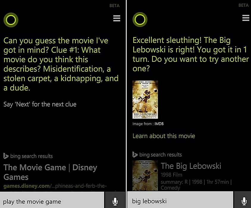 ▲Microsoft為Cortana增添Play the movie game猜謎功能，讓使用者多些互動樂趣。