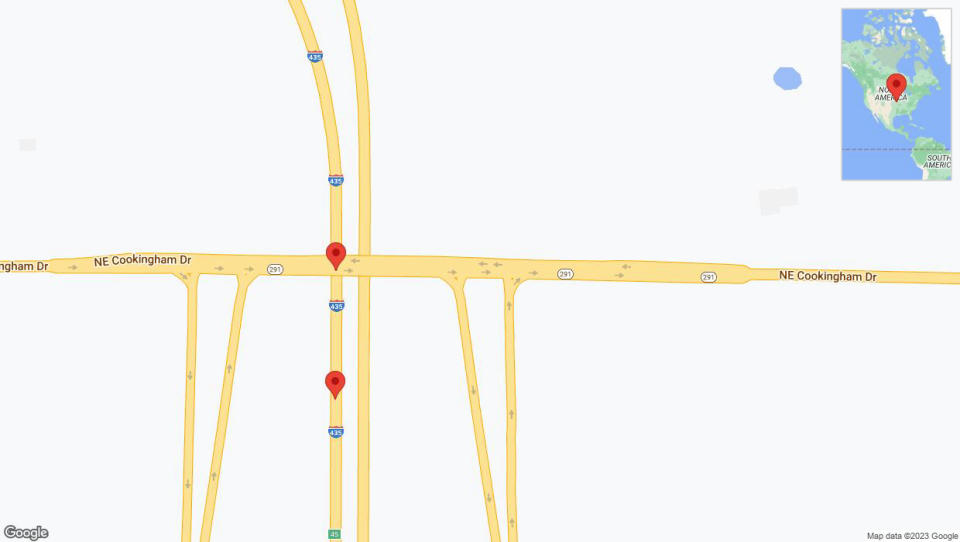 A detailed map that shows the affected road due to 'Warning: Crash on eastbound I-435 in Kansas City' on September 18th at 12:56 p.m.