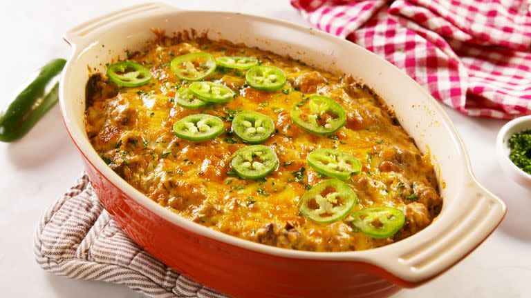 <p>Keto people, meet your new favourite weeknight dinner. It's super-easy, extremely hearty, and it's got a little kick from the jalapeño. </p><p>Get the <a href="https://www.delish.com/uk/cooking/recipes/a30291829/keto-taco-casserole-recipe/" rel="nofollow noopener" target="_blank" data-ylk="slk:Keto Taco Casserole;elm:context_link;itc:0;sec:content-canvas" class="link ">Keto Taco Casserole</a> recipe. </p>