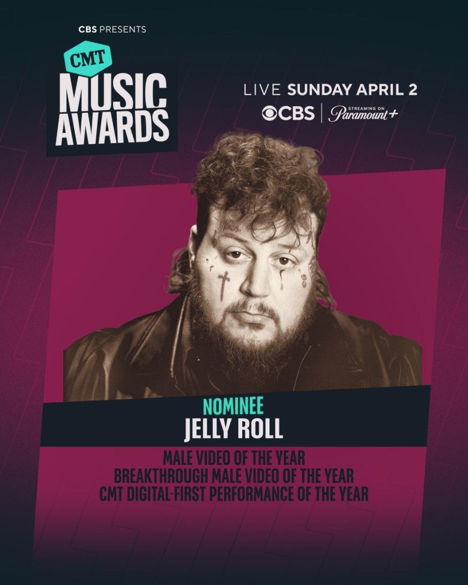 Jelly Roll is a first-time CMT Music Awards nominee in 2023, and he's also tied for garnering the second-most award nominations for the program airing April 2, 2023, on CBS.