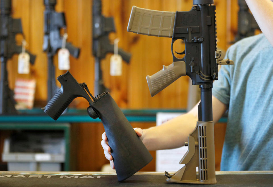 A bump fire stock that attaches to a semi-automatic rifle to increase the rate of fire is on display at Good Guys Gun Shop in Orem (George Frey/Reuters file)