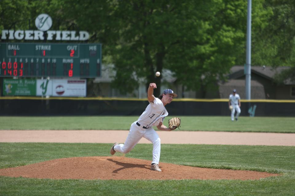 Delta's Parker Faletic pitching in the 2022 Delaware County baseball semifinals at Yorktown High School on Saturday, May 14, 2022.