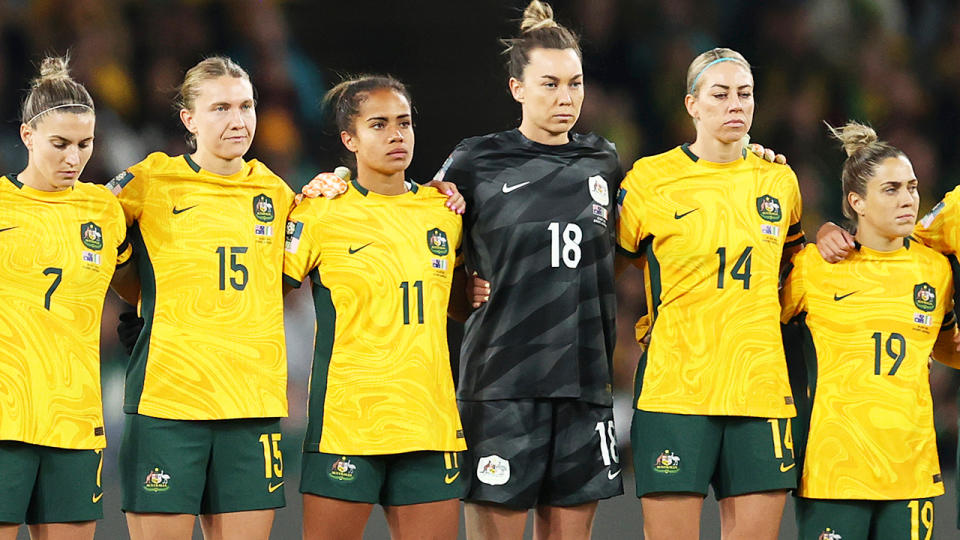Matildas players, pictured here before their game against Ireland at the World Cup.