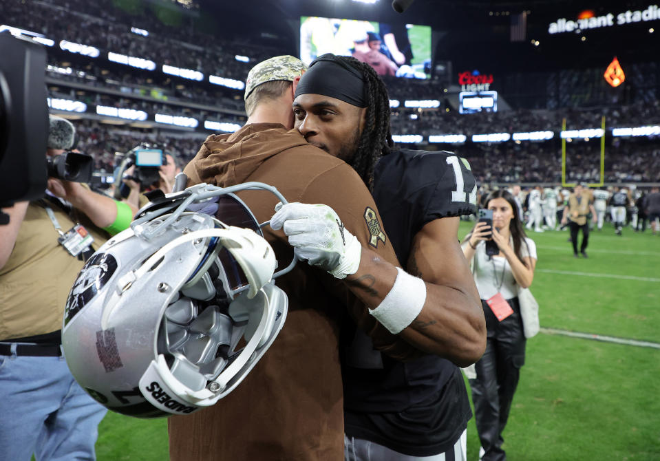 Davante Adams reuniting with Aaron Rodgers on the Jets feels like the most probable outcome — if the Raiders move him at all. (Photo by Ethan Miller/Getty Images)