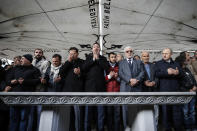 The members of Arab-Turkish Media Association and friends attend funeral prayers in absentia for Saudi writer Jamal Khashoggi who was killed last month in the Saudi Arabia consulate, in Istanbul, Friday, Nov. 16, 2018. Turkey's Foreign Minister Mevlut Cavusoglu on Thursday called for an international investigation into the killing of the Saudi dissident Jamal Khashoggi. (AP Photo/Emrah Gurel)