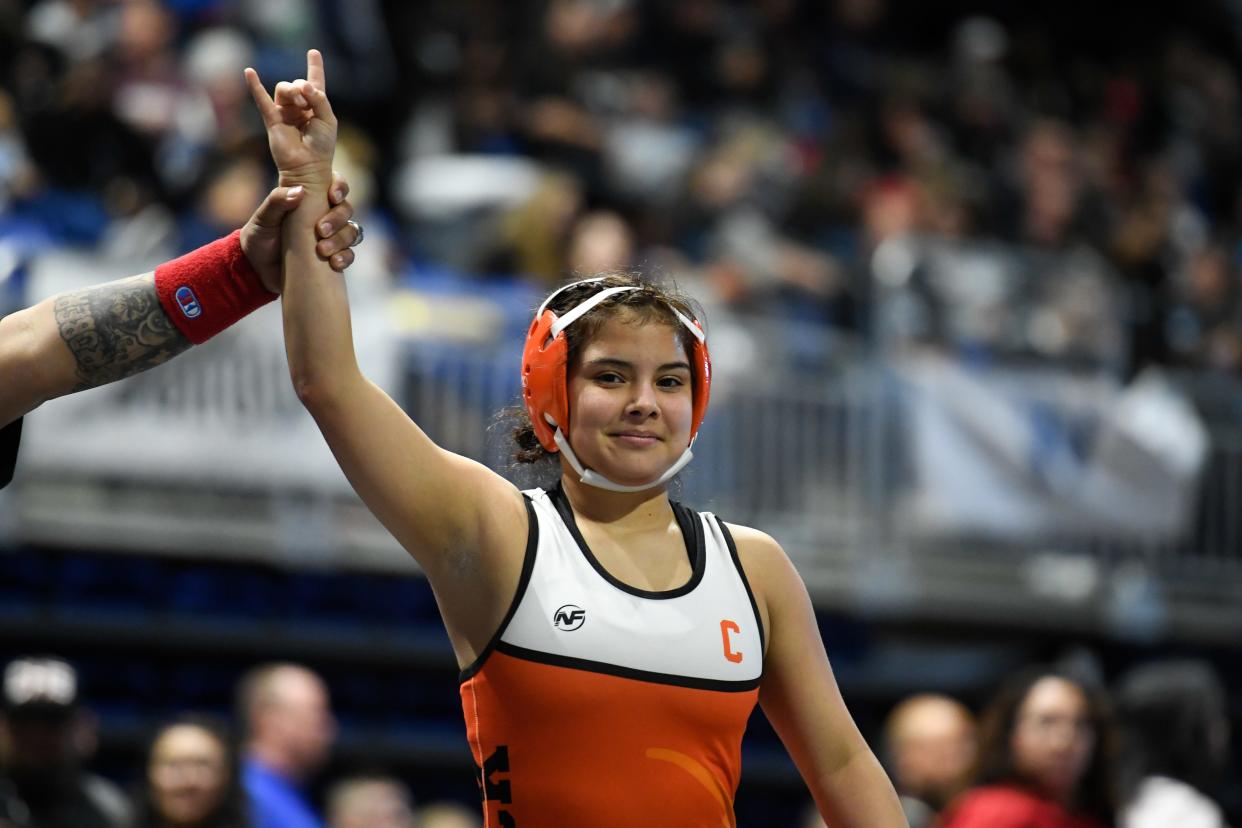 Caprock’s Tatiana Garcia after winning her first bout during the UIL State Wrestling Championship Friday, Feb. 18, 2022, in the Berry Center in Cypress, Texas. (Justin Rex/A-J Media)