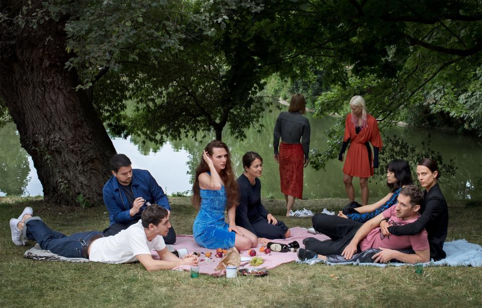 FROM LEFT: Antonin Tron’s business and life partner, Gabriele Forte (in blue); Tron’s brother, Virgile; actor and activist Romain Brau; Tron’s mother, Françoise; designer and activist Vanja Hedberg; designer and activist Kaisa Kinnunen; model Chu Wong (in profile); Antonin Tron; and model and actor Aymeline Valade. Hair, Mustafa Yanaz; makeup, Khela. Fashion Editor: Alex Harrington.