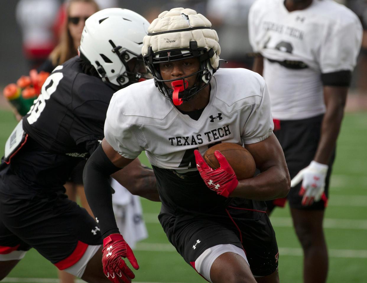 Texas Tech tight end Jayden York runs after a catch during a practice before the 2022 season. York, who joined the Red Raiders as a recruited walk-on and worked his way up to being a member of the tight-ends rotation, announced Wednesday he will transfer out of the program.