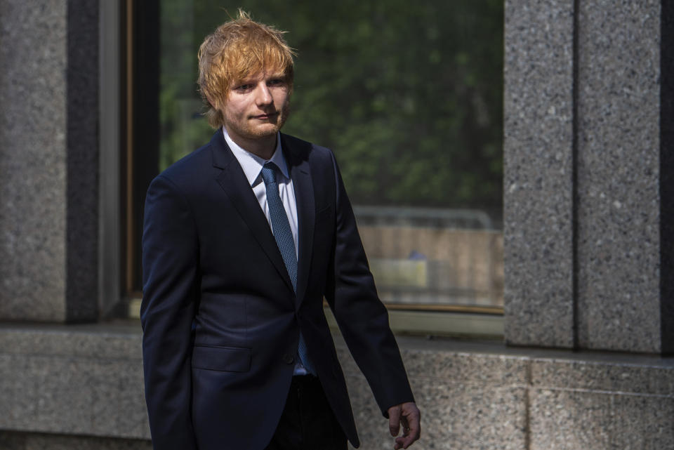 Ed Sheeran walks into Manhattan federal court on Tuesday, April 25, 2023, in New York. The heirs of Ed Townsend, Marvin Gaye's co-writer of the 1973 soul classic, sued Sheeran, alleging the English pop star's hit 2014 tune has “striking similarities” to “Let's Get It On” and “overt common elements” that violate their copyright. (AP Photo/Brittainy Newman)