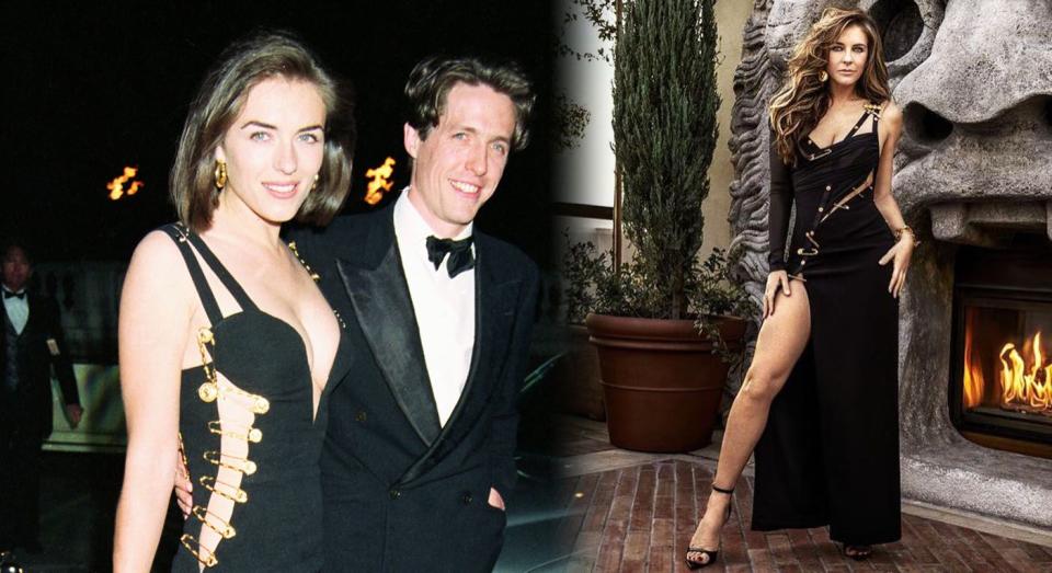 Elizabeth Hurley vêtue de la robe noire à épingles Versace en 1994 (à gauche) et d’une version similaire en couverture du numéro d’avril 2019 de Harper’s Bazaar. [Photo: Getty/Instagram]