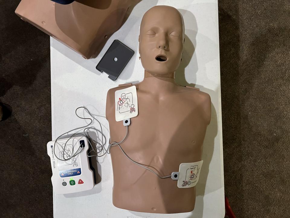 A mannequin with an AED training device on Wednesday, Nov. 15, 2023.