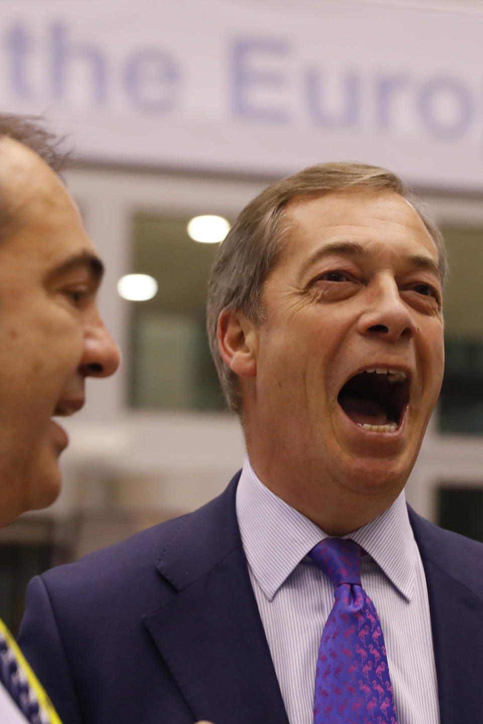 Member of European Parliament Nigel Farage speaks with journalists in the press room at an EU summit in Brussels, Thursday, Dec. 13, 2018. EU leaders gathered Thursday for a two-day summit which will center on the Brexit negotiations. (AP Photo/Alastair Grant)