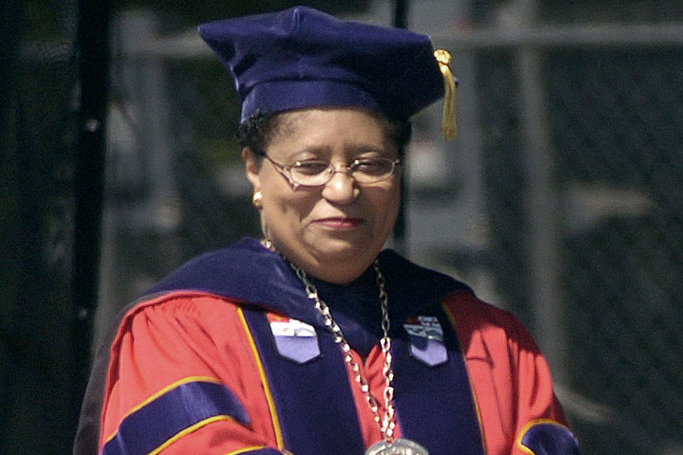 FILE - In this May 21, 2005, file photo, Rensselaer Polytechnic Institute President Shirley Ann Jackson smiles during commencement in Troy, N.Y. An annual study released Tuesday, Jan. 14, 2020, by The Chronicle of Higher Education, finds that average pay for private university chiefs grew by 10.5% in 2017. Jackson's earnings were listed at $5.2 million. (AP Photo/Tim Roske, File)