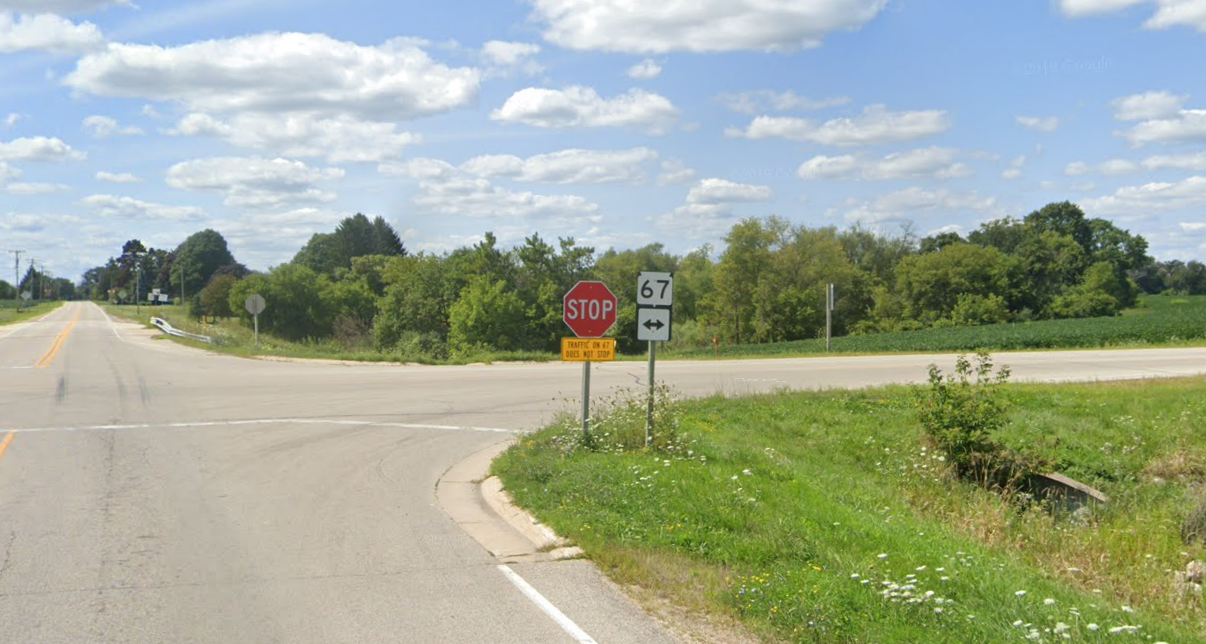 The intersection of Highway CW and Highway 67 in the town of Oconomowoc.