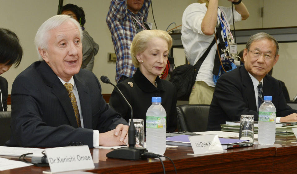 From left, former U.S. nuclear regulatory chief Dale Klein, former chairman of the UK Atomic Energy Authority, Barbara Judge, and former prosecutor Masafumi Sakurai, who also served as a member of Japan's Parliament's Fukushima Nuclear Accident Independent Investigation Commission, attend the first internal reform committee meeting held by Tokyo Electric Power Co. (TEPCO) at its headquarters in Tokyo Friday, Oct. 12, 2012. Dale's five-member committee oversees the task force's reform plans, which aim to use the lessons learned at TEPCO's Kashiwazaki-Kariwa plant in northern Japan. The cash-strapped utility wants to restart that plant, but TEPCO officials denied the reform plans are aimed at improving public image to gain support for the plant's resumption. (AP Photo/Kyodo News) JAPAN OUT, MANDATORY CREDIT, NO LICENSING IN CHINA, FRANCE, HONG KONG, JAPAN AND SOUTH KOREA