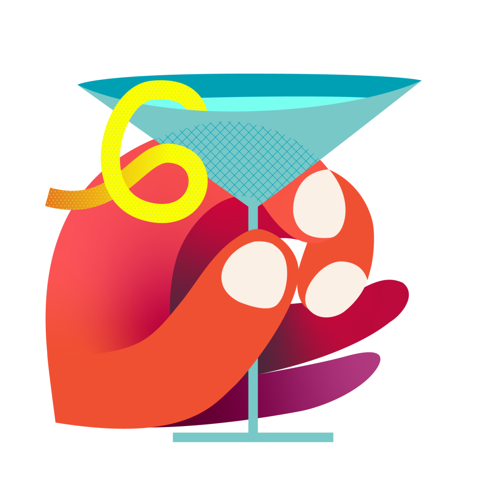 A cartoon hand holding a martini adorned with a lemon peel.