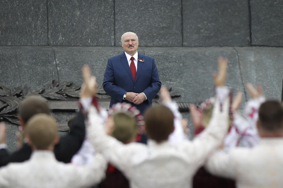 Belarus President Alexander Lukashenko look on during Independence Day celebrations, in Minsk, Belarus, Friday, July 3, 2020. In November 1996 the holiday was set on July 3, the day when Minsk was liberated by the Red Army from Nazi invaders in 1944. (AP Photo/Sergei Grits)