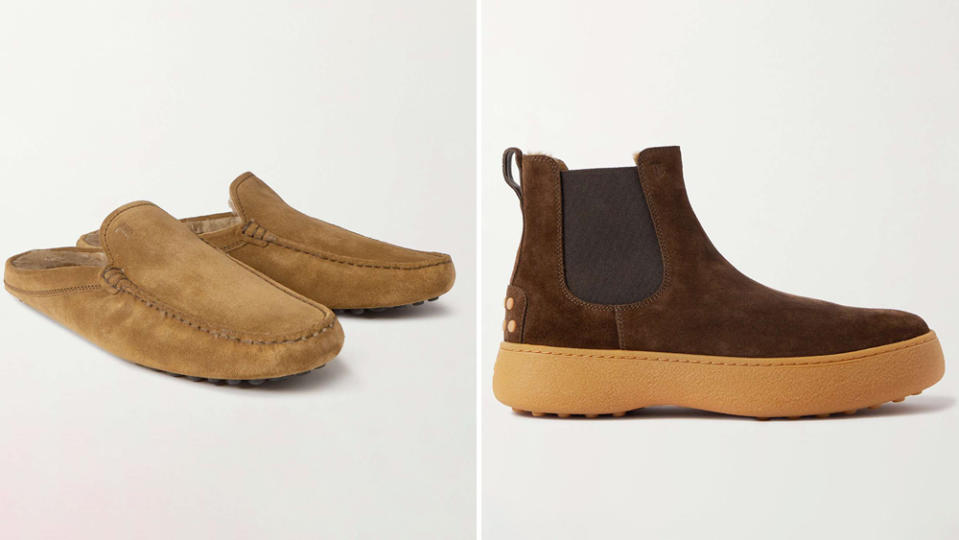 Mr Porter x Tod’s Shearling-Lined Suede Slippers (left) and Shearling-Lined Suede Chelsea Boots (right)