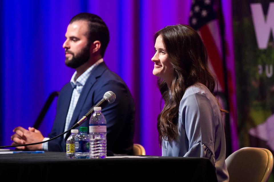 Christian Caban and Hannah Crow participate in a Leon County Commission District 2 candidate forum on Monday, Oct. 10, 2022 in Tallahassee, Fla. 