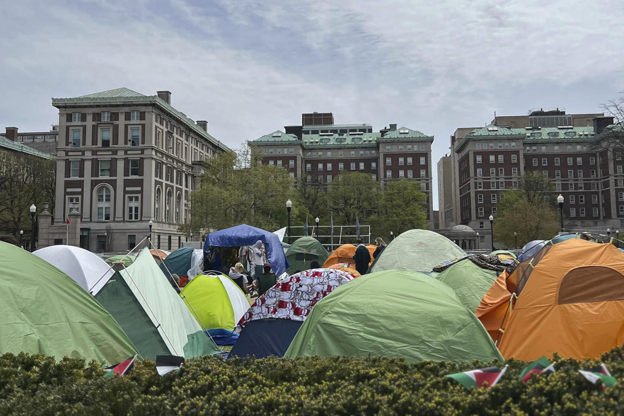 Pro-Palestinian protesters camp out in tents at Columbia University in New York on Saturday. (AP)