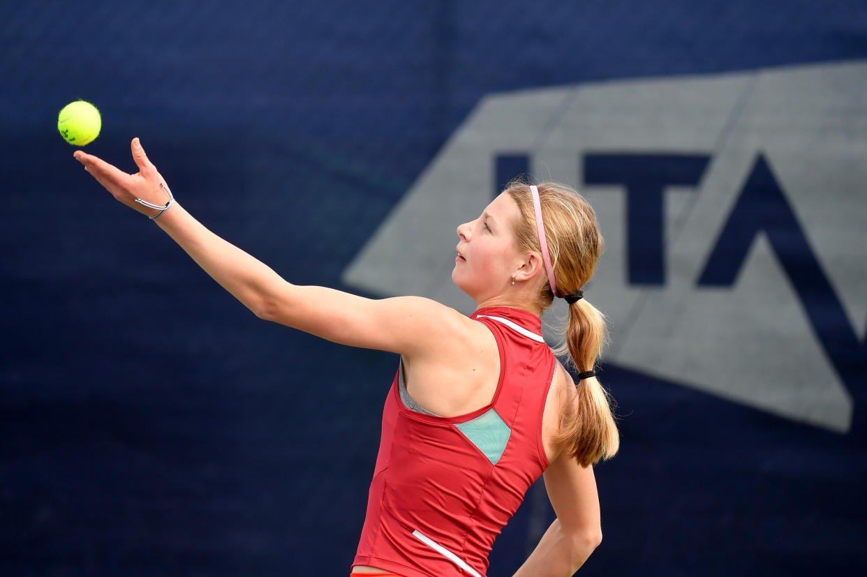 Hannah Klugman in action against Amelie Brooks during the U16 Junior National Tennis Championships at National Tennis Centre on April 12, 2022 in London, England. (Photo by Tom Dulat/Getty Images for LTA)