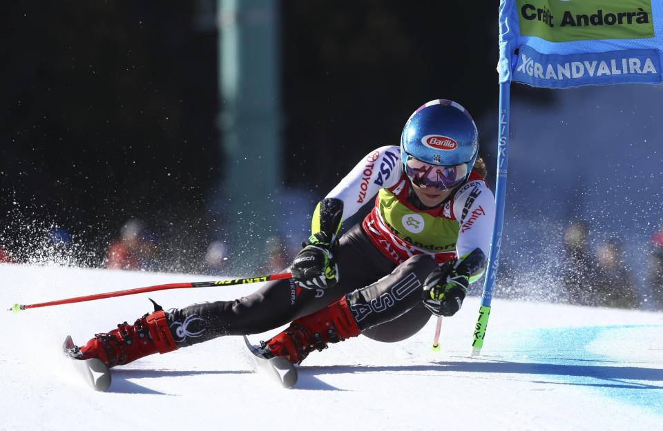 United States' Mikaela Shiffrin competes during the first run of a women's World Cup giant slalom, at the alpines ski finals in Soldeu, Andorra, Sunday, March 17, 2019. (AP Photo/Alessandro Trovati)