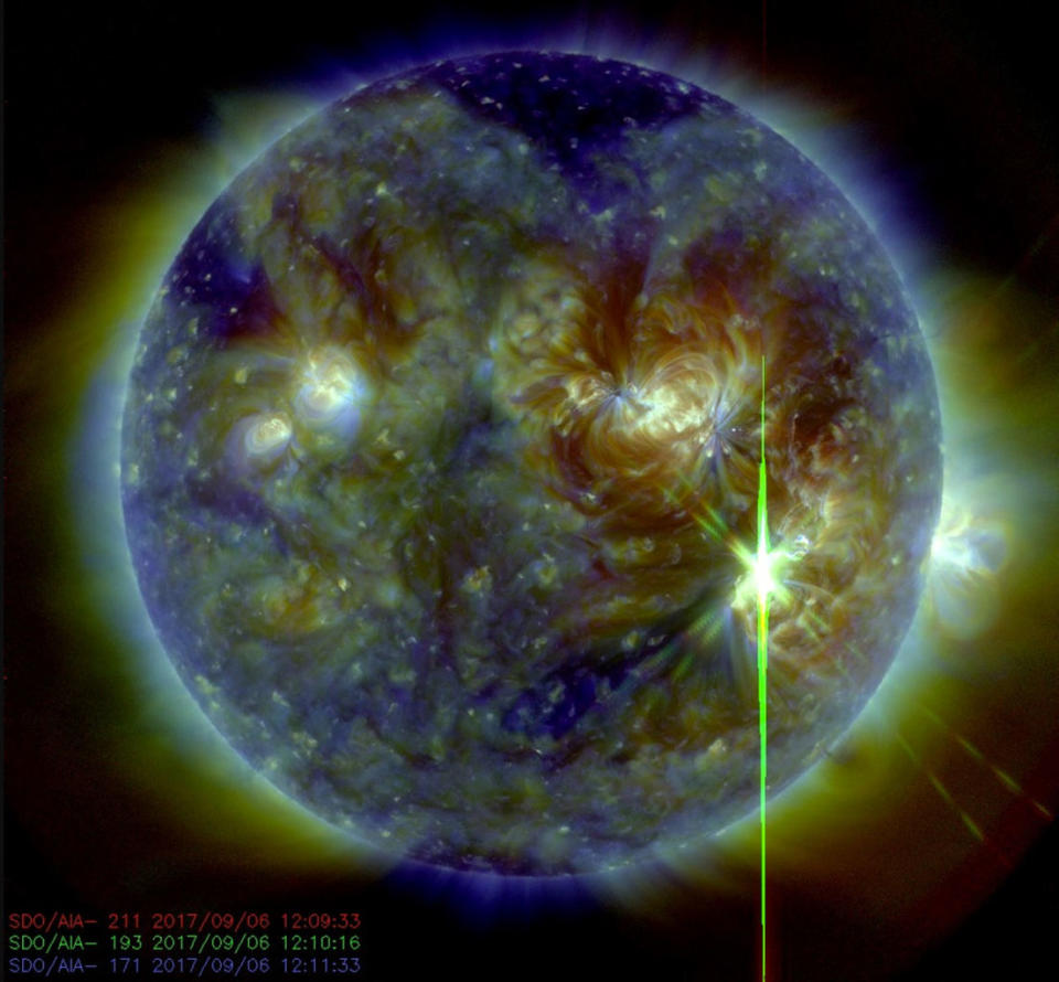 A massive, X9.3-class solar flare blasted from the sun at 8:02 a.m. EDT (1202 GMT). <cite>SDO/AIA/Steve Spaleta</cite>