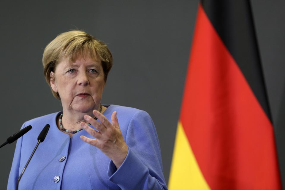 German Chancellor Angela Merkel speaks during a news conference with the Albanian Prime Minister Edi Rama in Tirana, Albania, Tuesday, Sept. 14, 2021. Merkel is on a farewell tour of the Western Balkans, as she announced in 2018 that she wouldn't seek a fifth term as Germany's Chancellor. (AP Photo/Franc Zhurda)