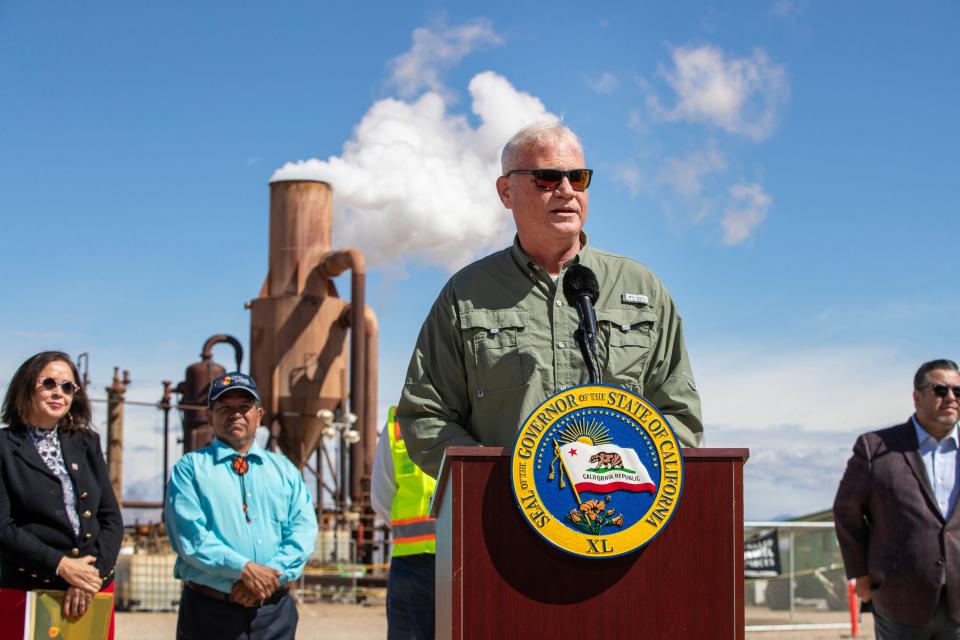Imperial County Supervisor Ryan Kelley speaks at an event on the site of Controlled Thermal Resources' planned geothermal and lithium production plant in 2023, near Calipatria.