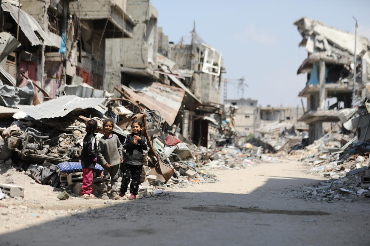  Palestinian families try to hold on to their daily lives among the rubble of the buildings after Israeli attacks on the Ash-Shujaiyye neighborhood, in Gaza City, Gaza on April 07, 2024. (Photo by Dawoud Abo Alkas/Anadolu via Getty Images)