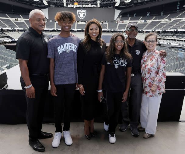 PHOTO: Former Nevada Gaming Control Board Chair and former Commissioner of the Nevada Gaming Commission Sandra Douglass Morgan poses with members of her family as she is introduced as the new President of the Raiders in Las Vegas, July 7, 2022. (Ethan Miller/Getty Images)